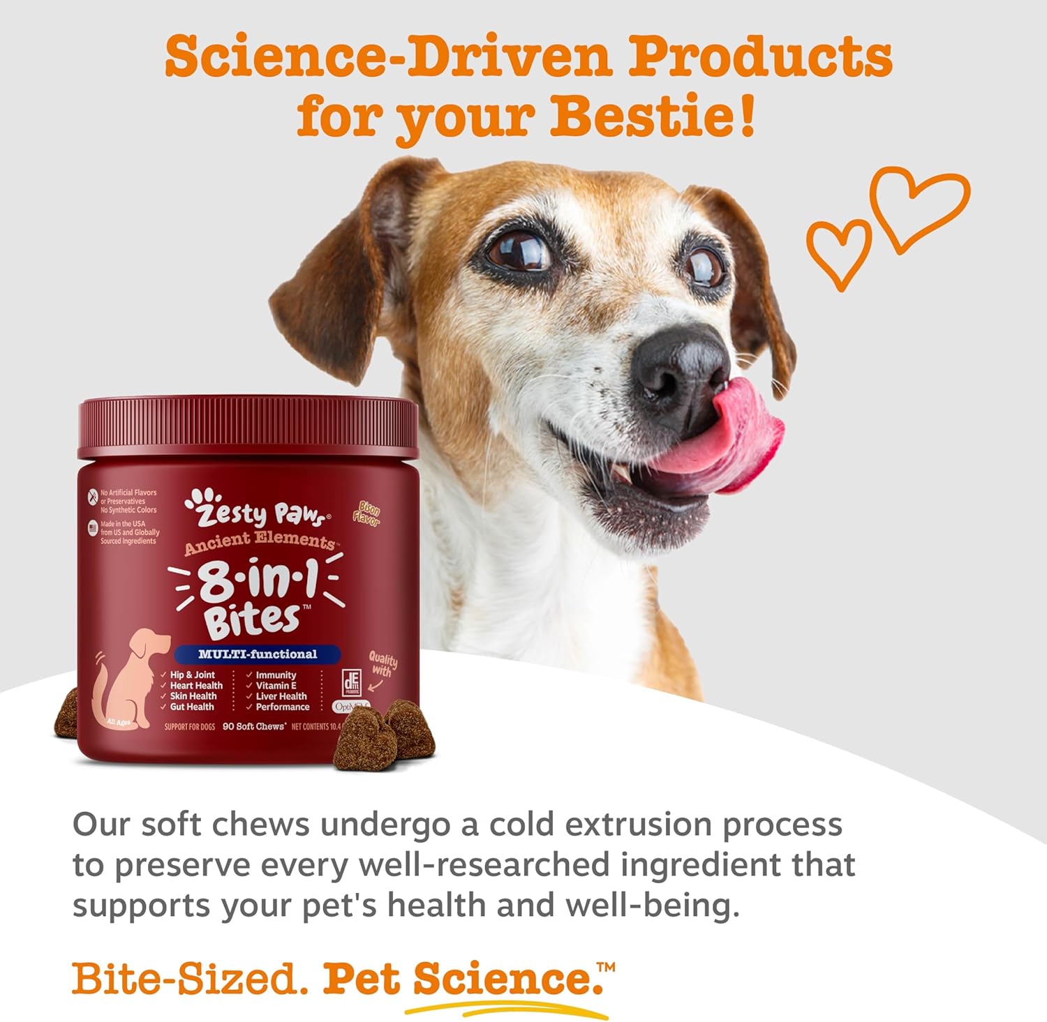 Zesty Paws Multivitamínico para Perros, Snack Masticable con Omega 3, Glucosamina y CoQ10 – 90 unidades – Sabor Bisonte