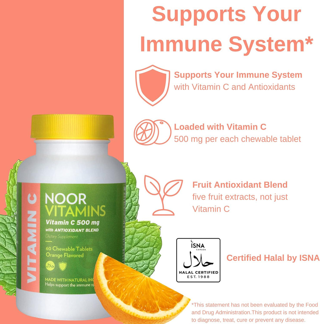 Noor Vitamins Vitamina C 500 mg Masticable con Escaramujo y Antioxidantes - 60 Comprimidos Sabor Naranja - Halal, Vegano, Sin Gluten