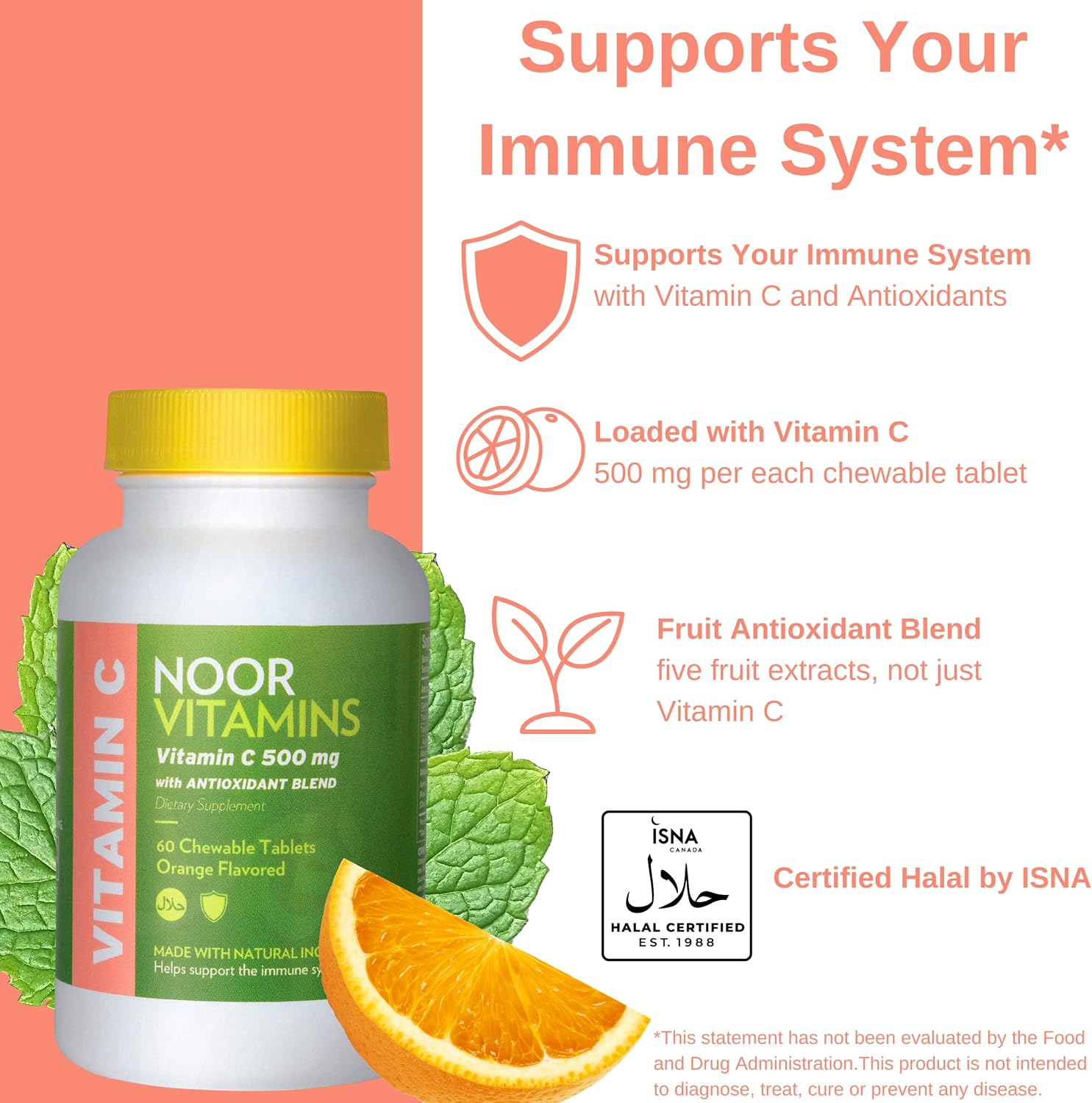 Noor Vitamins Vitamina C 500 mg Masticable con Escaramujo y Antioxidantes - 60 Comprimidos Sabor Naranja - Halal, Vegano, Sin Gluten