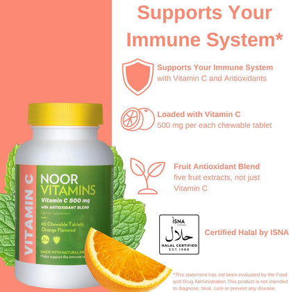 Noor Vitamins Vitamina C 500 mg Masticable con Escaramujo y Antioxidantes - 60 Comprimidos Sabor Naranja - Halal, Vegano, – Image 4