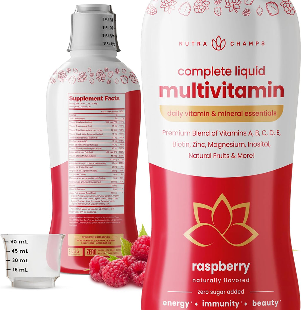 NutraChamps Complete Liquid Multivitamins | Sin Azúcar Añadido | Vitaminas para Mujeres, Hombres y Niños | Suplemento Multivitamínico Líquido Vegano | Energía, Inmunidad y Belleza