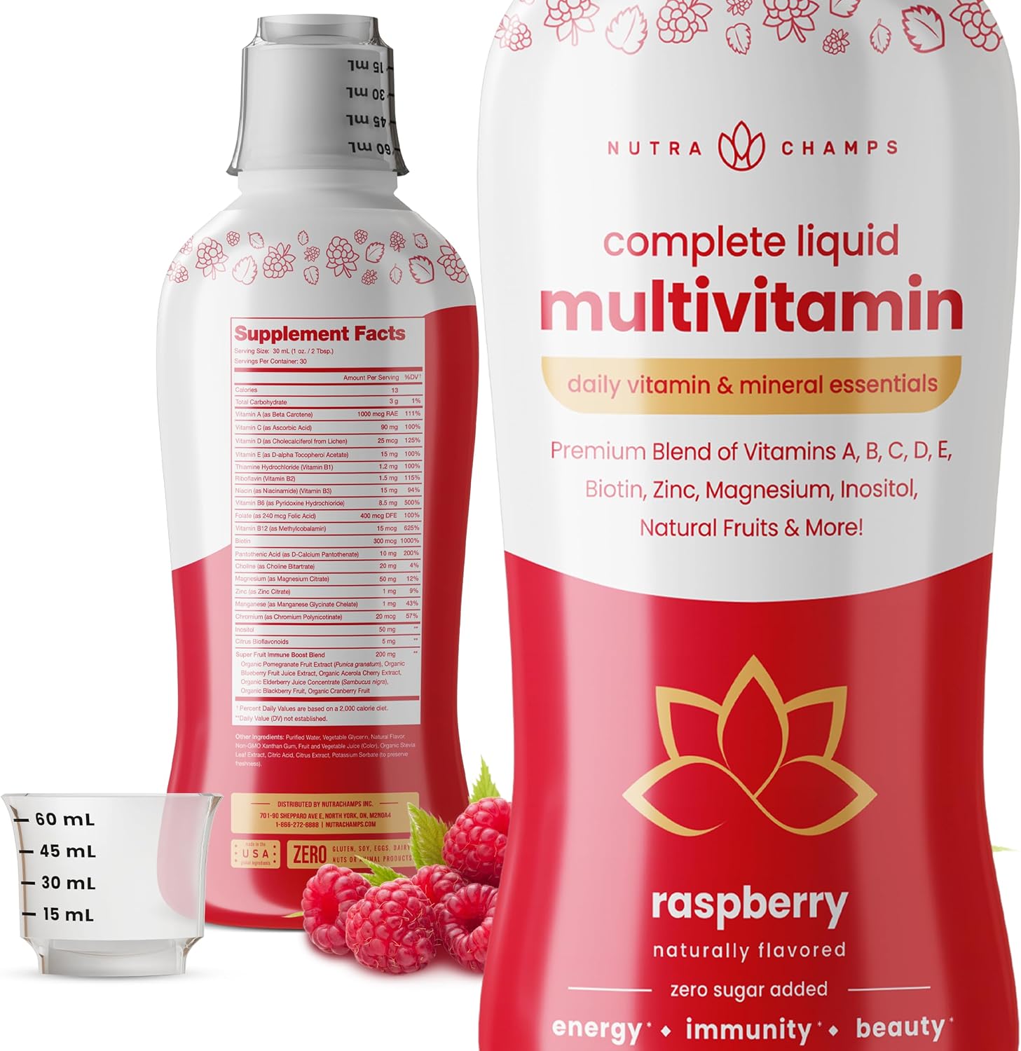 NutraChamps Complete Liquid Multivitamins | Sin Azúcar Añadido | Vitaminas para Mujeres, Hombres y Niños | Suplemento Multivitamínico Líquido Vegano | Energía, Inmunidad y Belleza