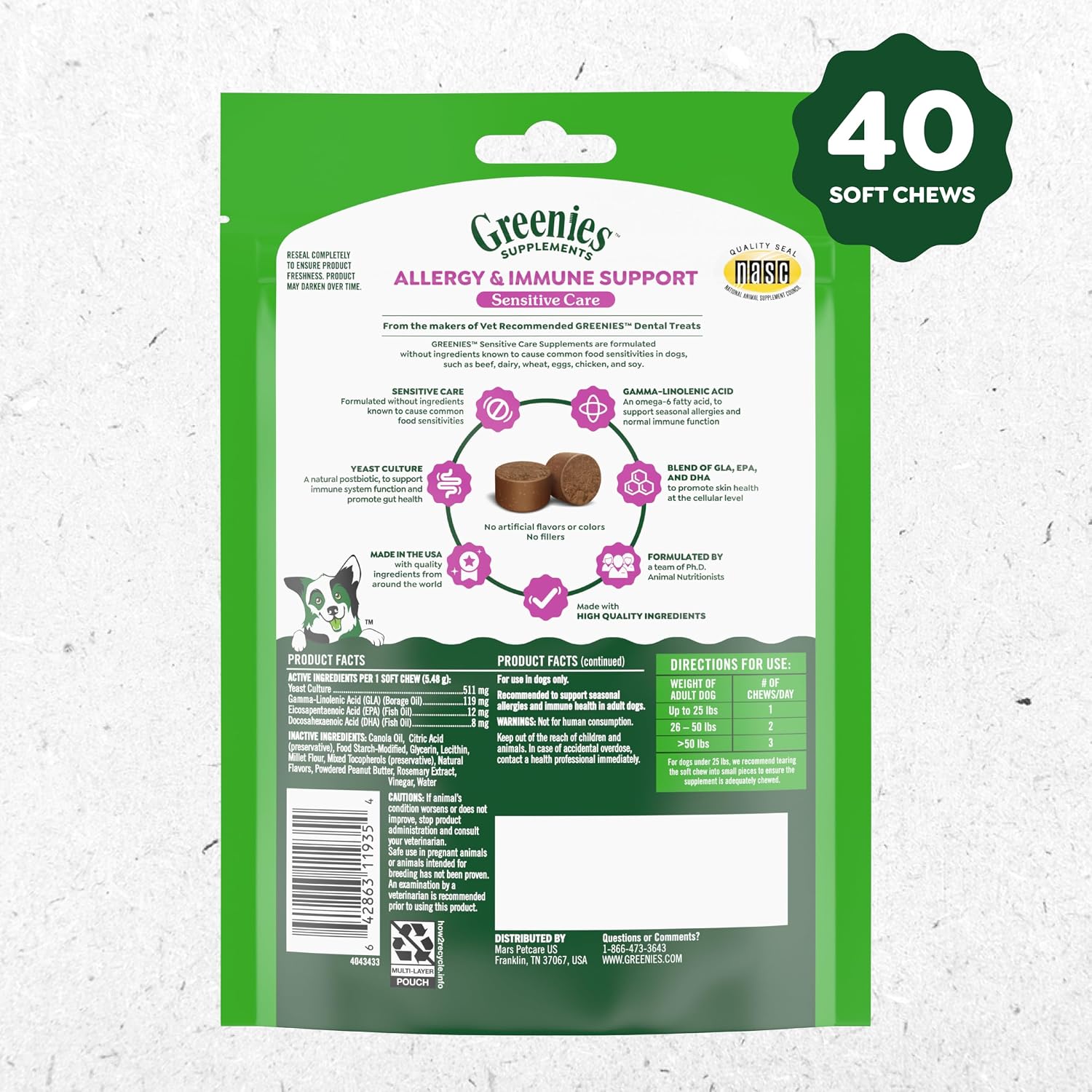 Greenies Supplements Sensitive Care Allergy & Immune Support - Snacks blandos para perros - Fórmula sin pollo - Sabor a mantequilla de cacahuete - Bolsa de 220 g (40 unidades)