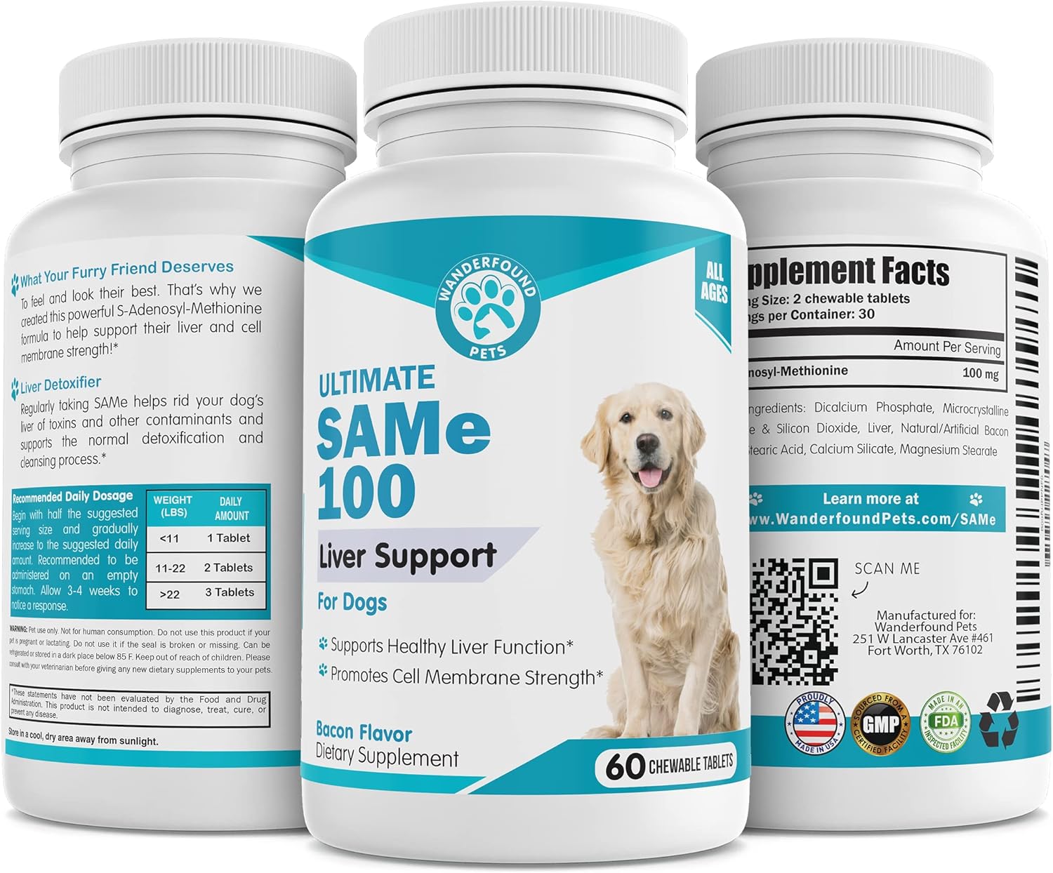 Pawsitive Same 100 - Apoyo Hepático para Perros con SAMe, 60 Comprimidos Masticables Sabor Bacon