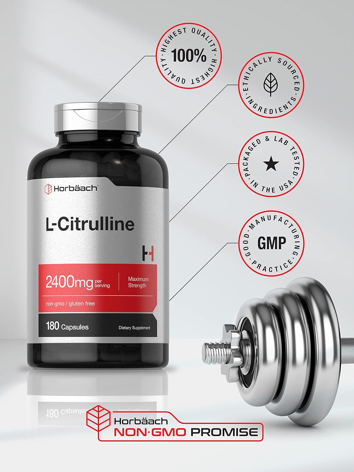 Horbäach L-Citrulina – 2400 mg – 180 Cápsulas – Libre de Gluten y OMG