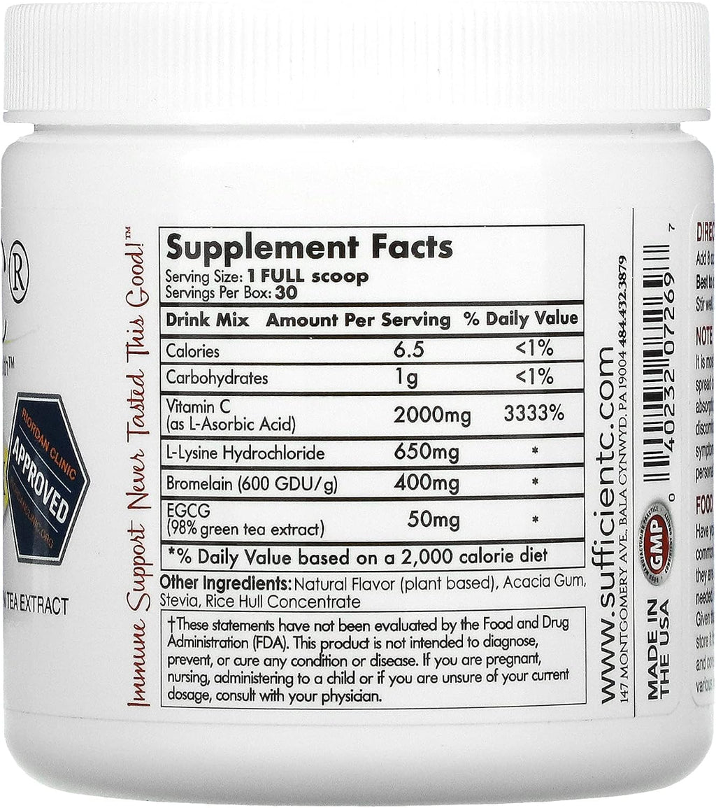 Sufficient-C Mezcla de Bebida Immune-Ade de Vitamina C en Alta Dosis, Sabor Limón y Durazno - 125 gramos, Paquete de 3