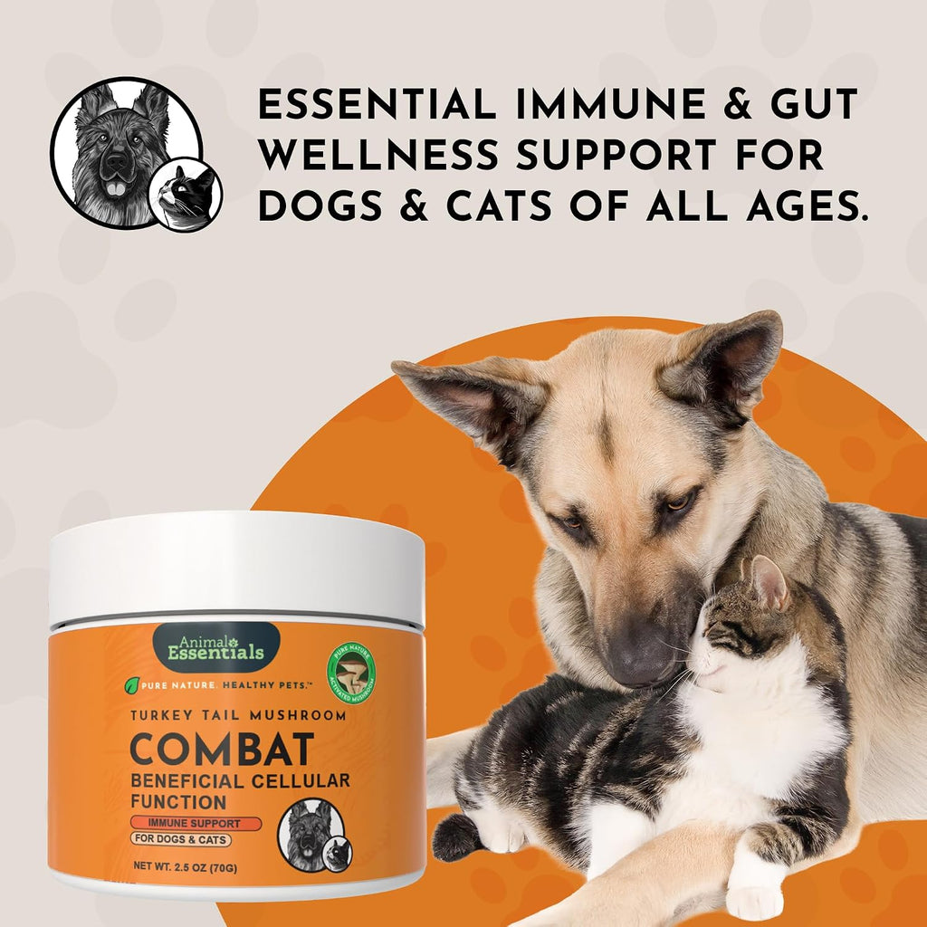 Animal Essentials Combat - Suplemento de Cola de Pavo Orgánico para Perros y Gatos - Defensa Inmune Crítica, Apoya la Función Cognitiva, Extracto en Polvo - 70 g