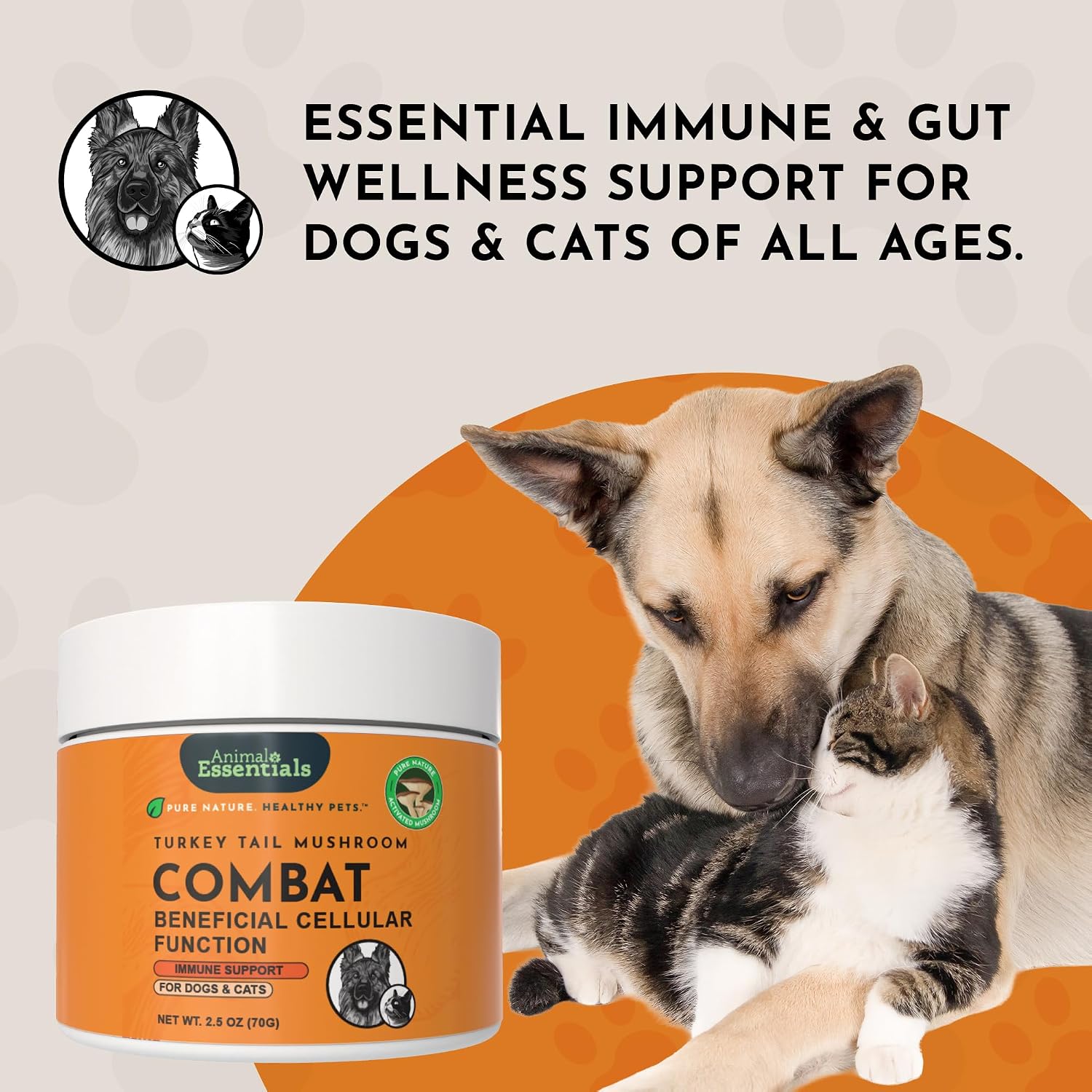 Animal Essentials Combat - Suplemento de Cola de Pavo Orgánico para Perros y Gatos - Defensa Inmune Crítica, Apoya la Función Cognitiva, Extracto en Polvo - 70 g