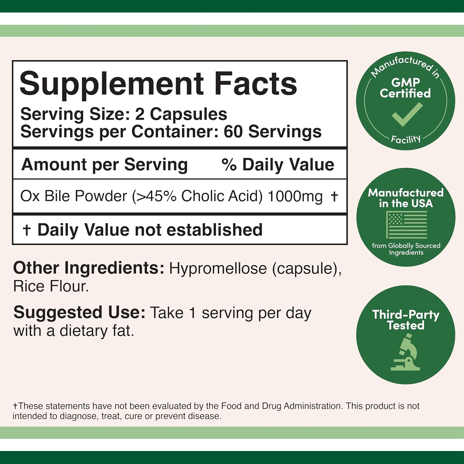 Ox Bile 1000mg - Suplemento de Sales Biliares para Personas sin Vesícula | 120 Cápsulas