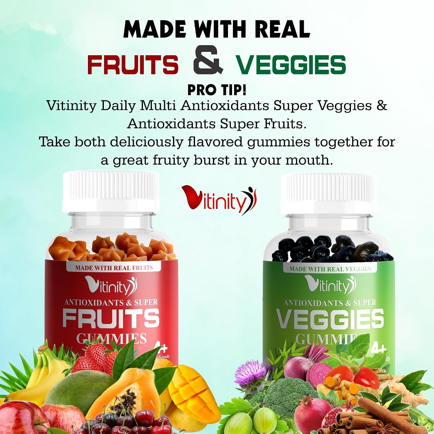 VITINITY Gominolas de Frutas y Verduras Reales - Suplemento Superfood Vegano para Mujeres, Hombres y Niños (60 Días)