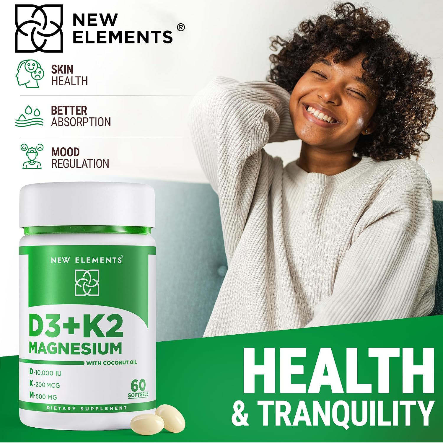 New Elements Vitamina D3 K2 10.000 UI con Magnesio Glicinato 500mg - 60 Cápsulas Blandas