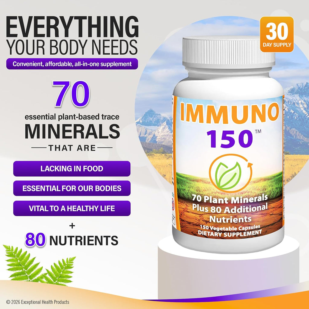 Immuno 150 - Complemento Alimenticio con 70 Minerales Vegetales y 13 Vitaminas Esenciales - 150 Cápsulas Vegetales