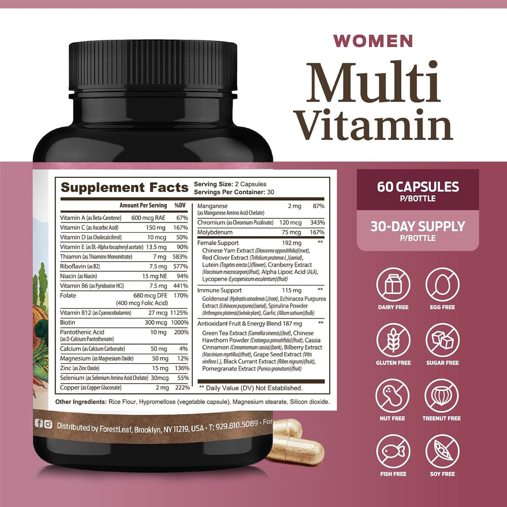 ForestLeaf Multivitamínico Diario para Mujeres, 60 Cápsulas Veganas