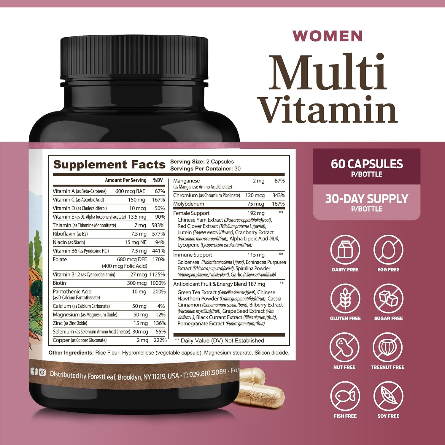 ForestLeaf Multivitamínico Diario para Mujeres, 60 Cápsulas Veganas