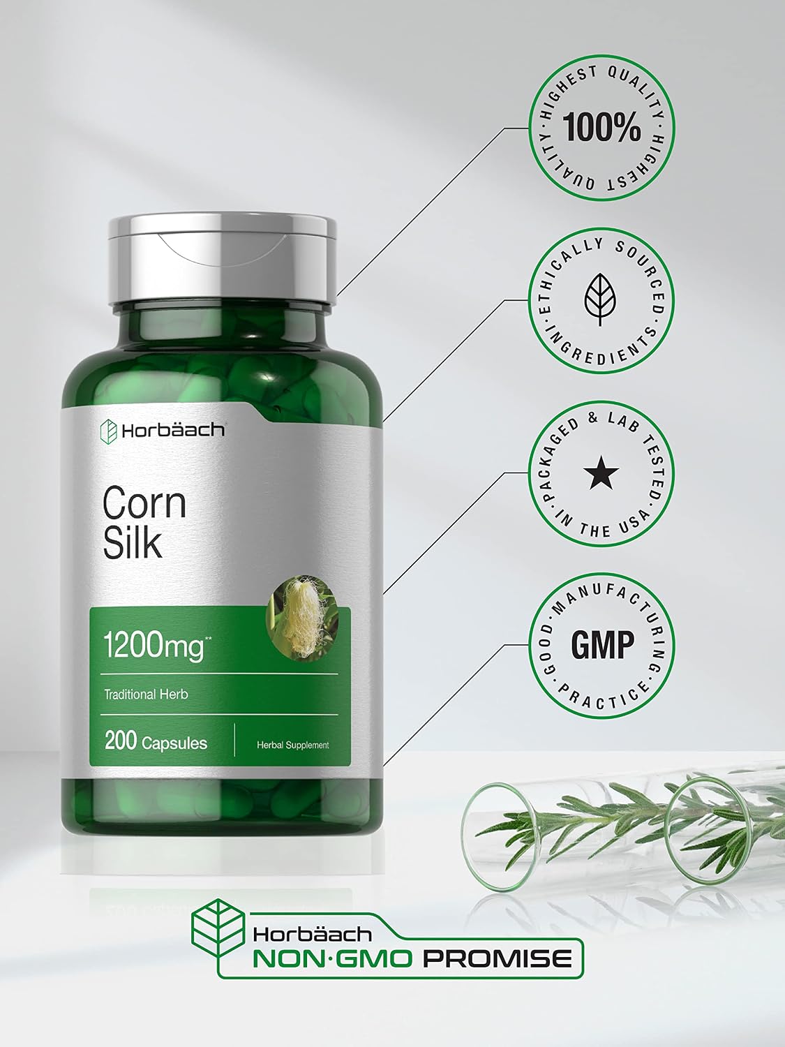 Horbäach Cápsulas de Seda de Maíz | 200 Cápsulas | Extracto No-GMO, Sin Gluten