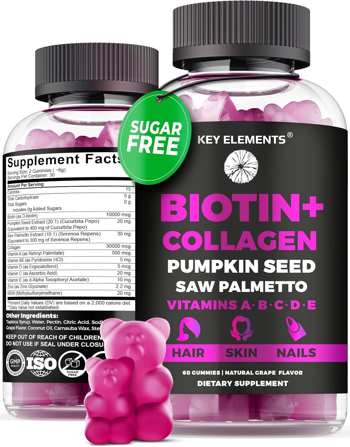 KEY ELEMENTS Gomitas de Biotina 10000mcg y Colágeno para Cabello, Piel y Uñas