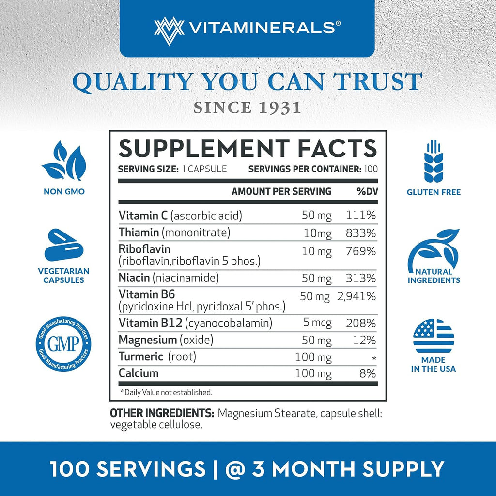 Vitaminerals 56 Ultrasix® Nervio | Energía | Apoyo Inmunológico | Vitaminas B | Cúrcuma | 100 Cápsulas Vegetales