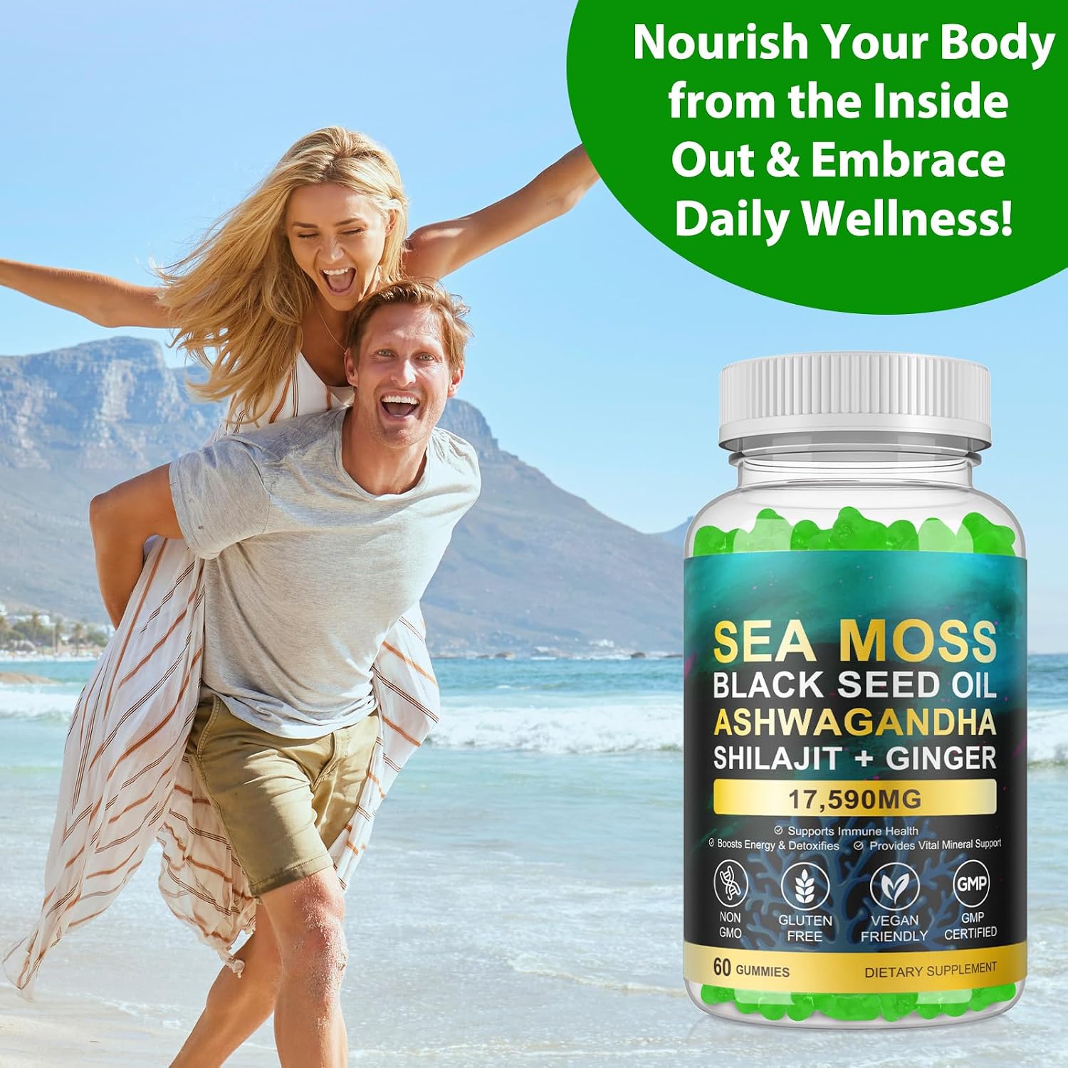 LTQXGT Gominolas de Sea Moss, Bladderwrack, Ashwagandha y Burdock Root - 60 Gominolas Veganas