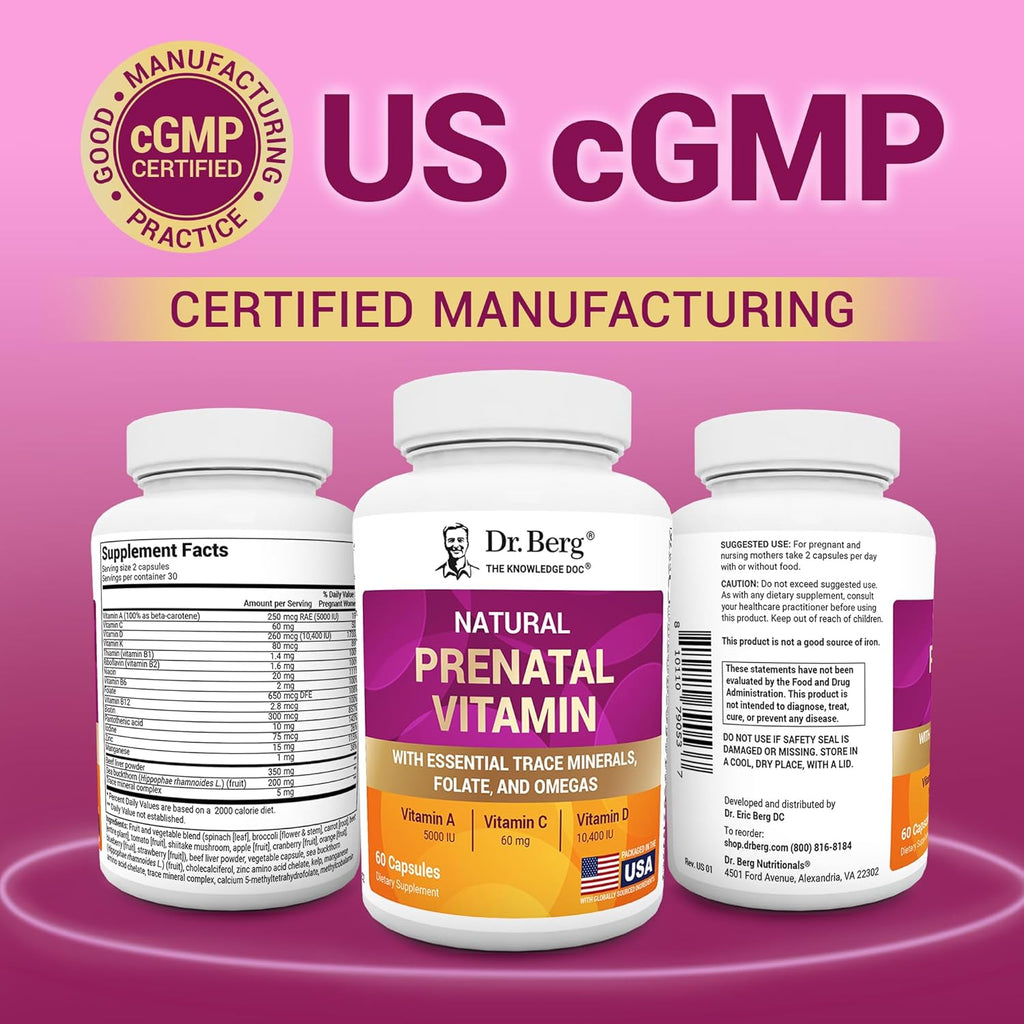 Dr. Berg Vitaminas Prenatales Naturales para Mujeres - con Folato, Vitaminas, Minerales, Omega y 11 Superalimentos - 60 Cápsulas
