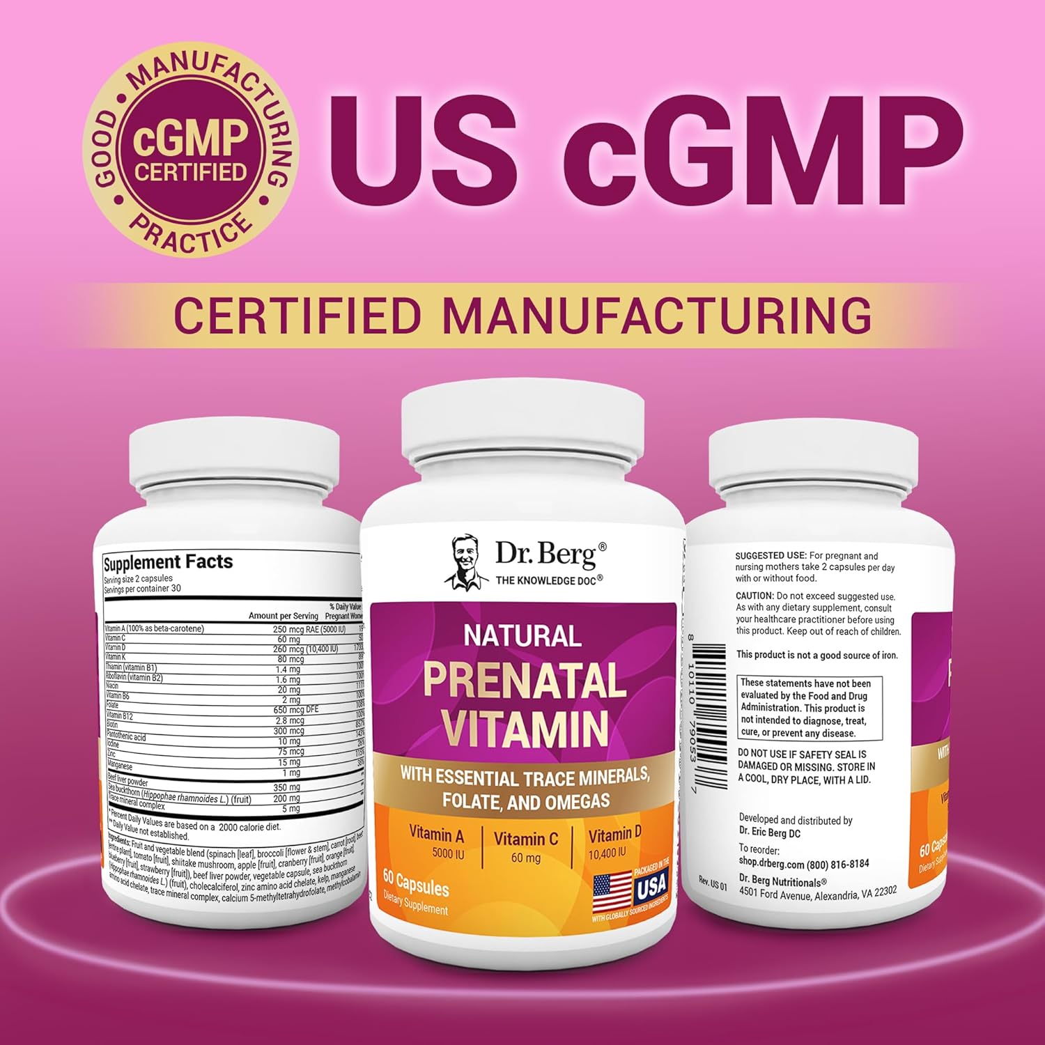 Dr. Berg Vitaminas Prenatales Naturales para Mujeres - con Folato, Vitaminas, Minerales, Omega y 11 Superalimentos - 60 Cápsulas