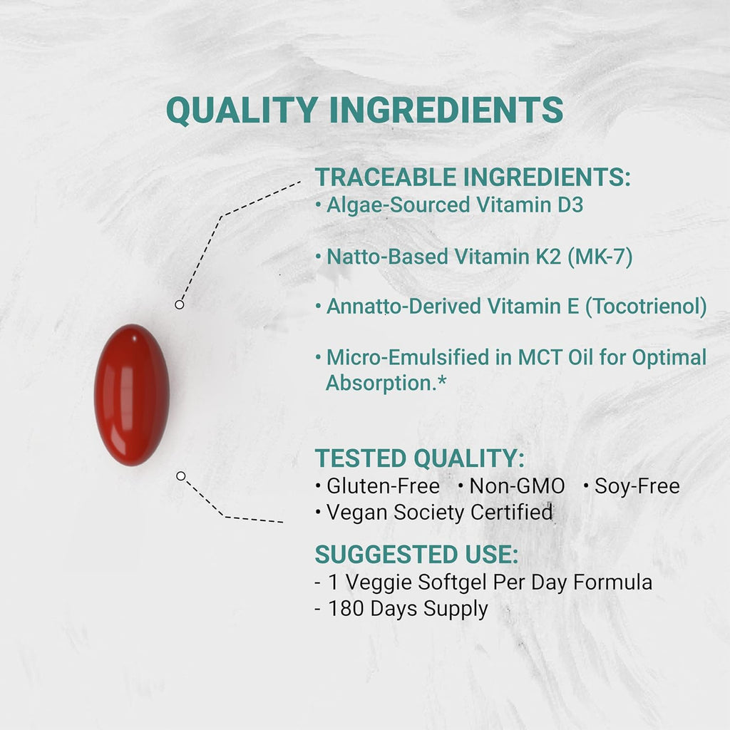 Naturalis Vegan Vitamin ADK con 50 mg de Tocotrienol y CoQ-10 | Nanoemulsionado en AOVE | No-GMO, Sin Soja, Certificado Vegano | 180 Cápsulas Vegetales (Sin Carragenina)