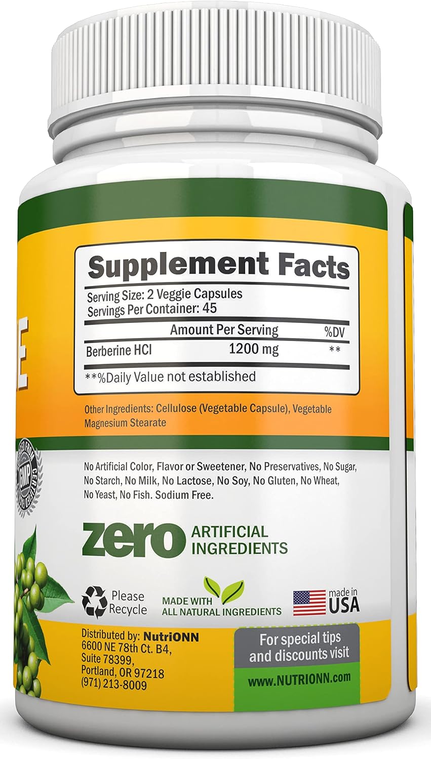 Berberina 1200 mg - 90 Cápsulas Vegetales - Suplemento Puro de Berberina HCL - NutriONN