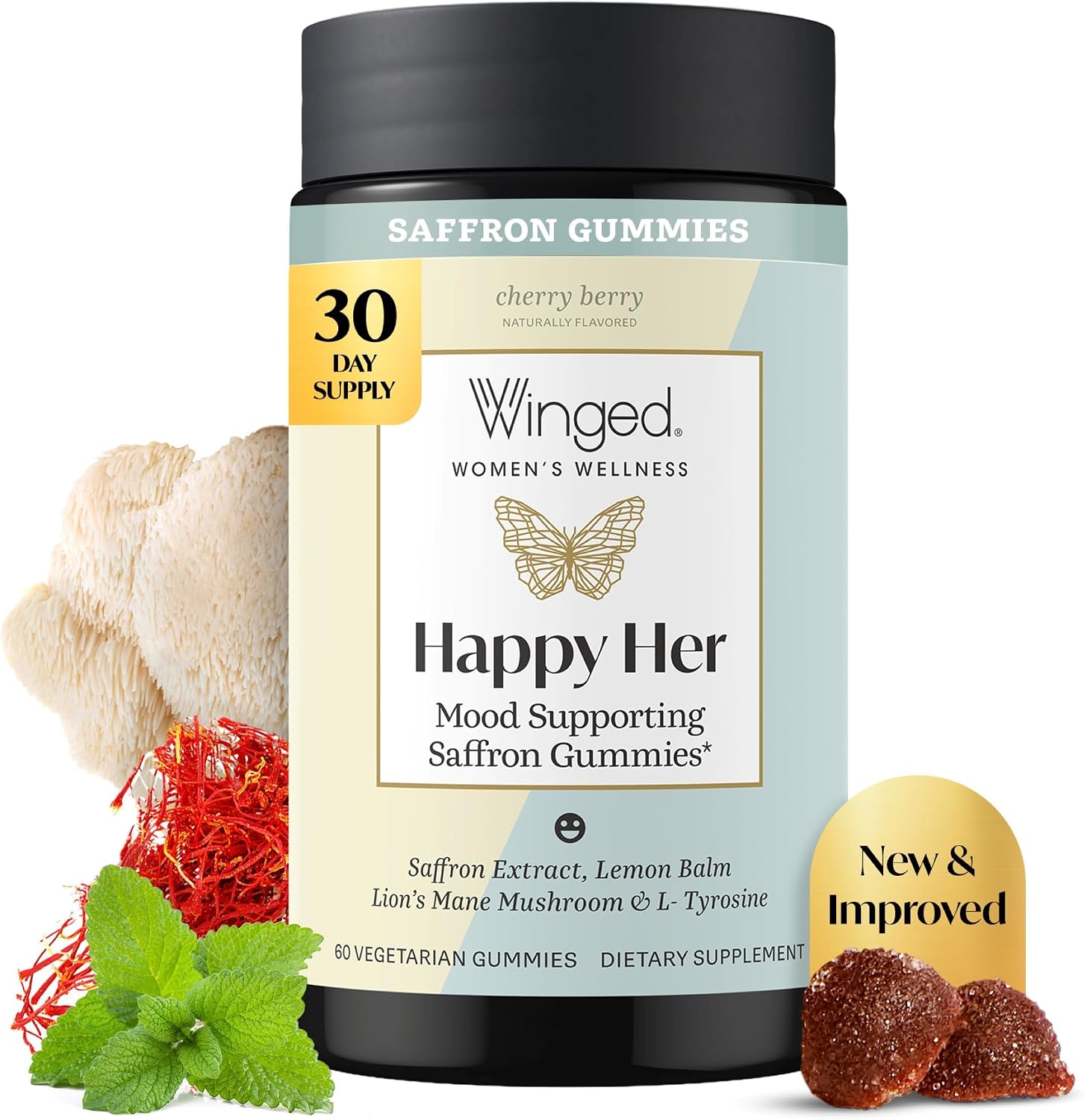 Winged Wellness Happy Her Mood Gummies - Gomitas de humor para mujeres - 60 gomitas veganas