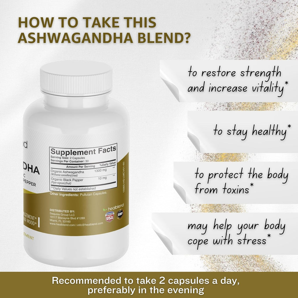 Organic Ashwagandha 1300mg con extracto de pimienta negra - Suplemento para el estado de ánimo y energía - 60 cápsulas