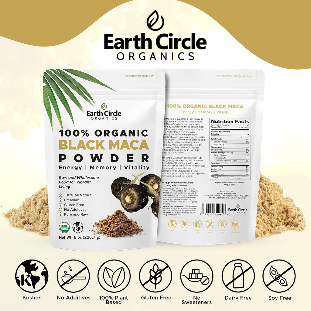 Earth Circle Organics Maca Negra Orgánica Peruana en Polvo (227g, Pack de 3)
