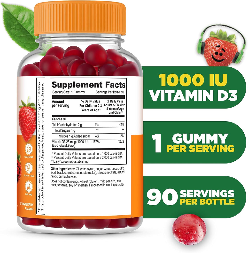 Lifeable Gomitas de Vitamina D3 para Niños | 1000 UI | Sabor Fresa | 90 Gomitas