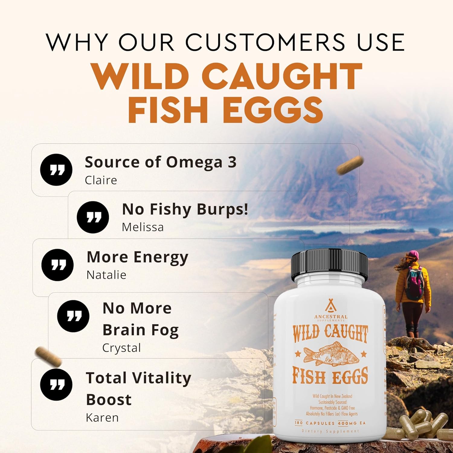 Ancestral Supplements Omega 3 Huevas de Pescado Salvaje, 2400mg, 180 Cápsulas
