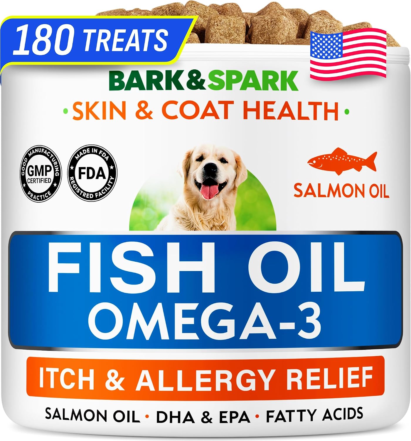 BARK&SPARK Omega 3 para Perros y Gatos - 180 Golosinas de Aceite de Salmón