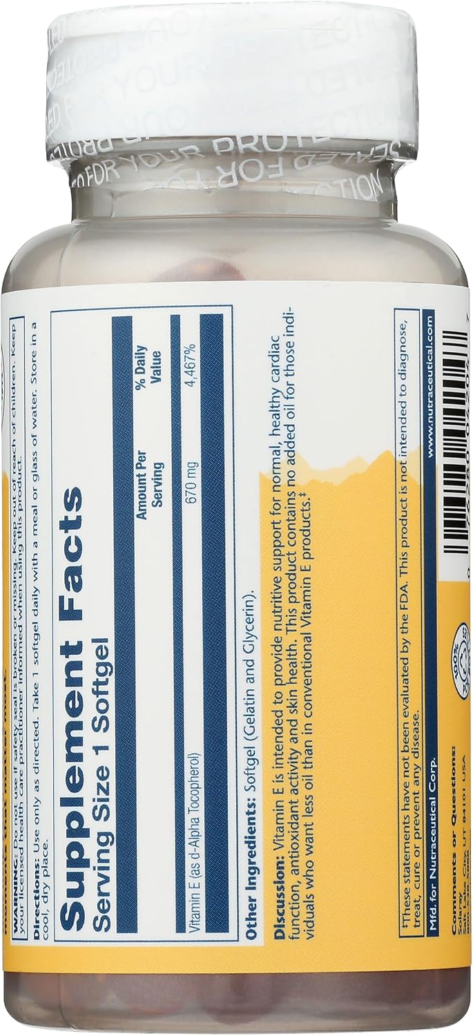 Solaray Vitamina E 1000 UI - 60 Cápsulas Blandas de d-Alfa-Tocoferol Natural