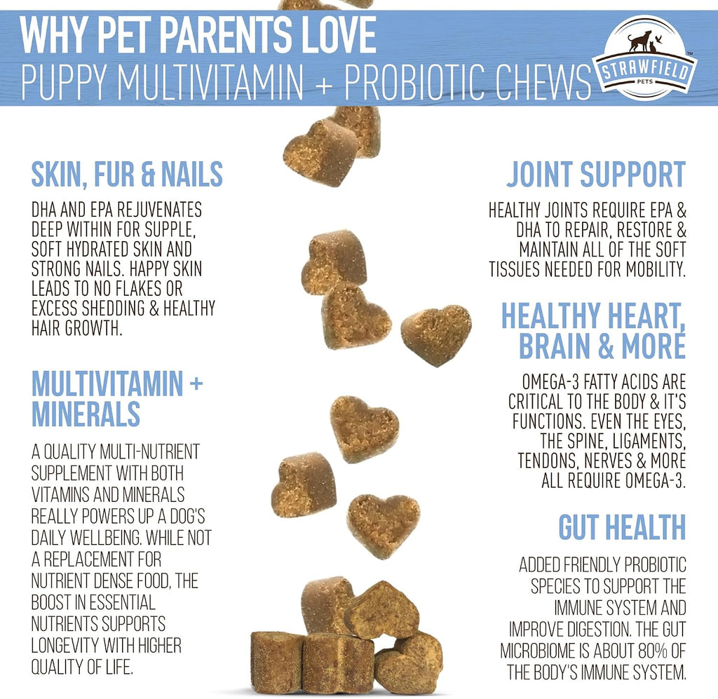 Strawfield Pets' Multivitamínico + Probióticos para Cachorros - Apoyo Articular y Digestivo - Sabor Bacon - 120 Masticables Blandas