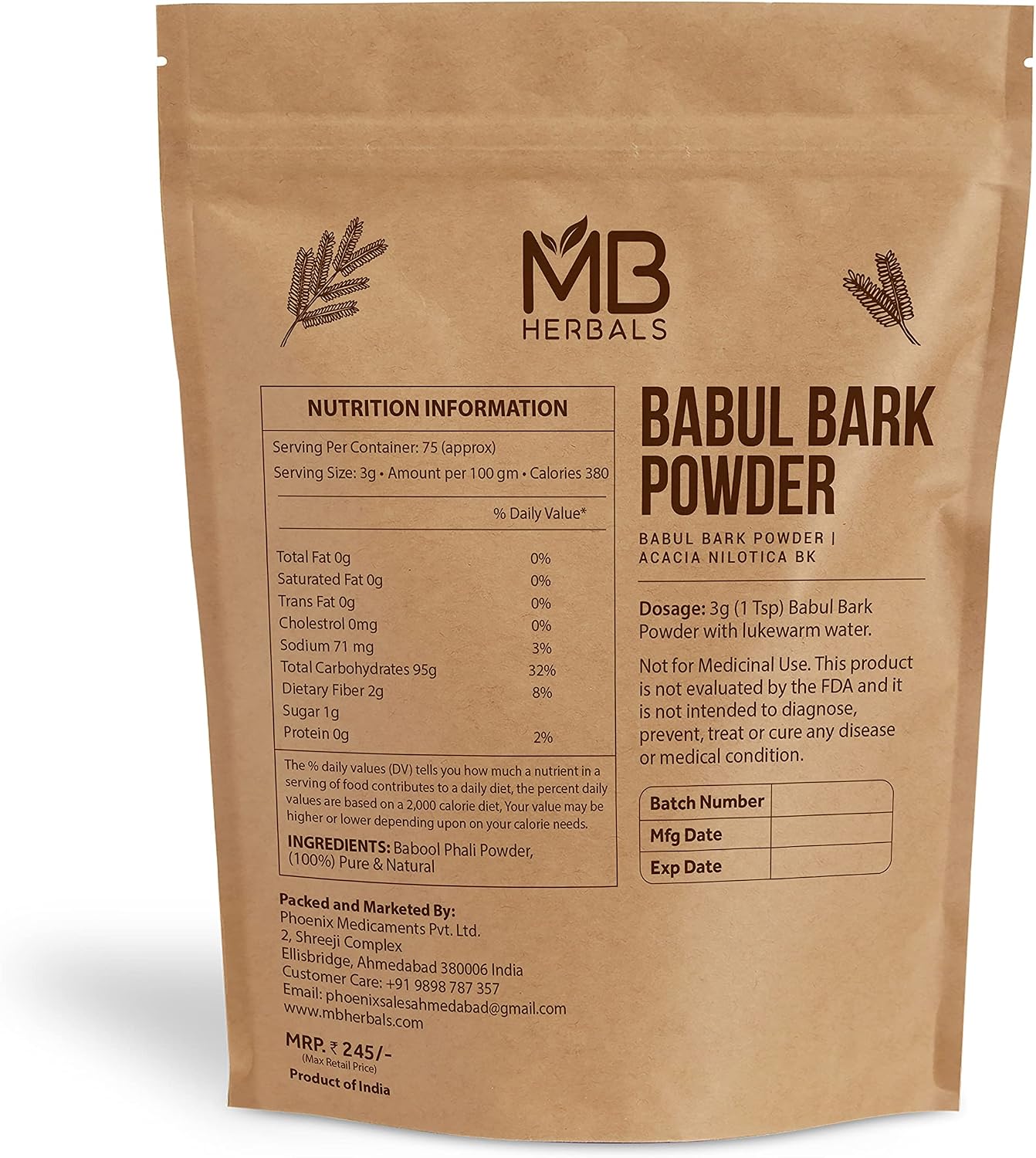 MB Herbals Babul Bark Powder 8 oz (227 g) - Polvo de Corteza de Babul | Acacia Nilotica | Silvestre