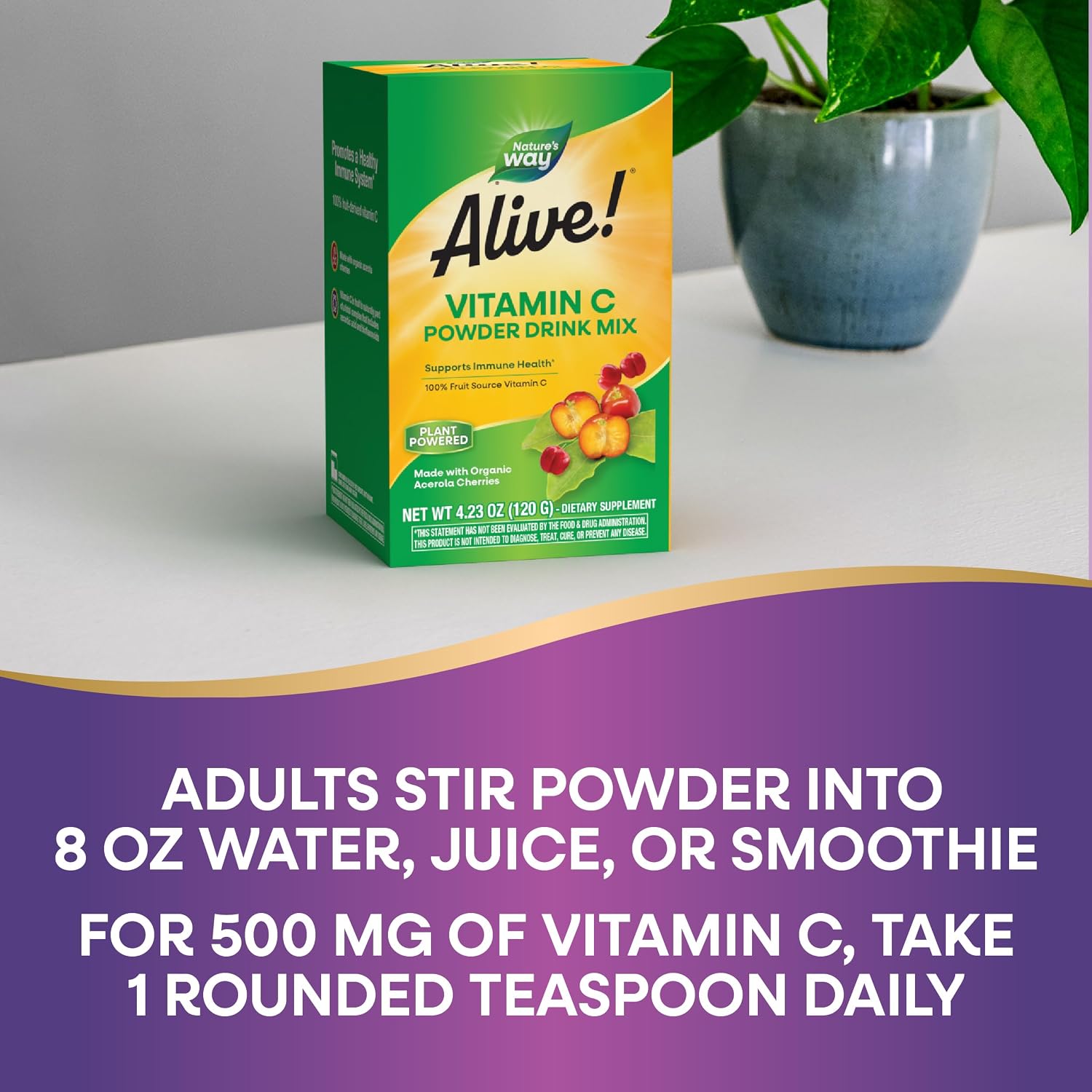 Nature's Way Alive! Vitamina C en Polvo - 100% de Acerola Ecológica, Apoyo Inmunitario, 4.23 oz