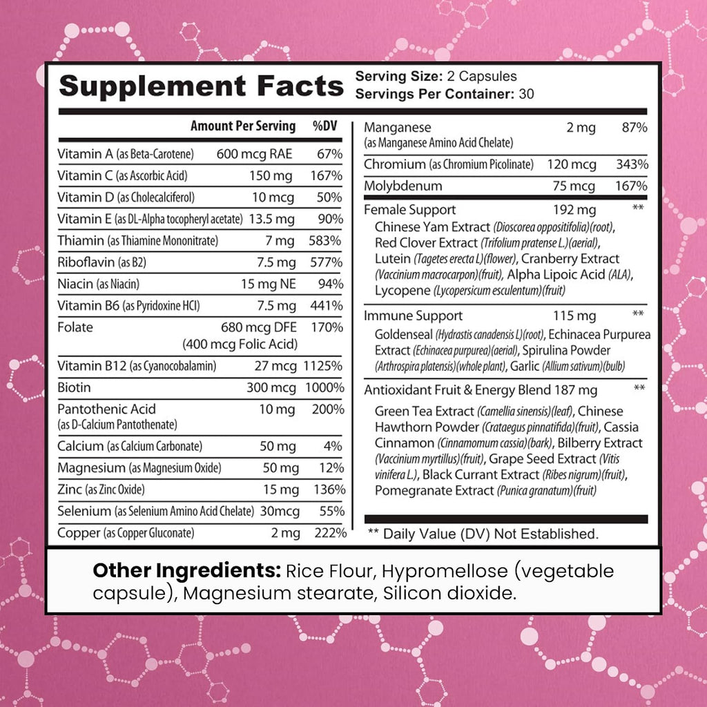 MAX FIT Multivitamínico para Mujeres 50+ – Complejo de Vitaminas A, B, C, D, E, Calcio y Hierro – Apoya Energía, Cabello, Piel y Uñas – 60 Cápsulas