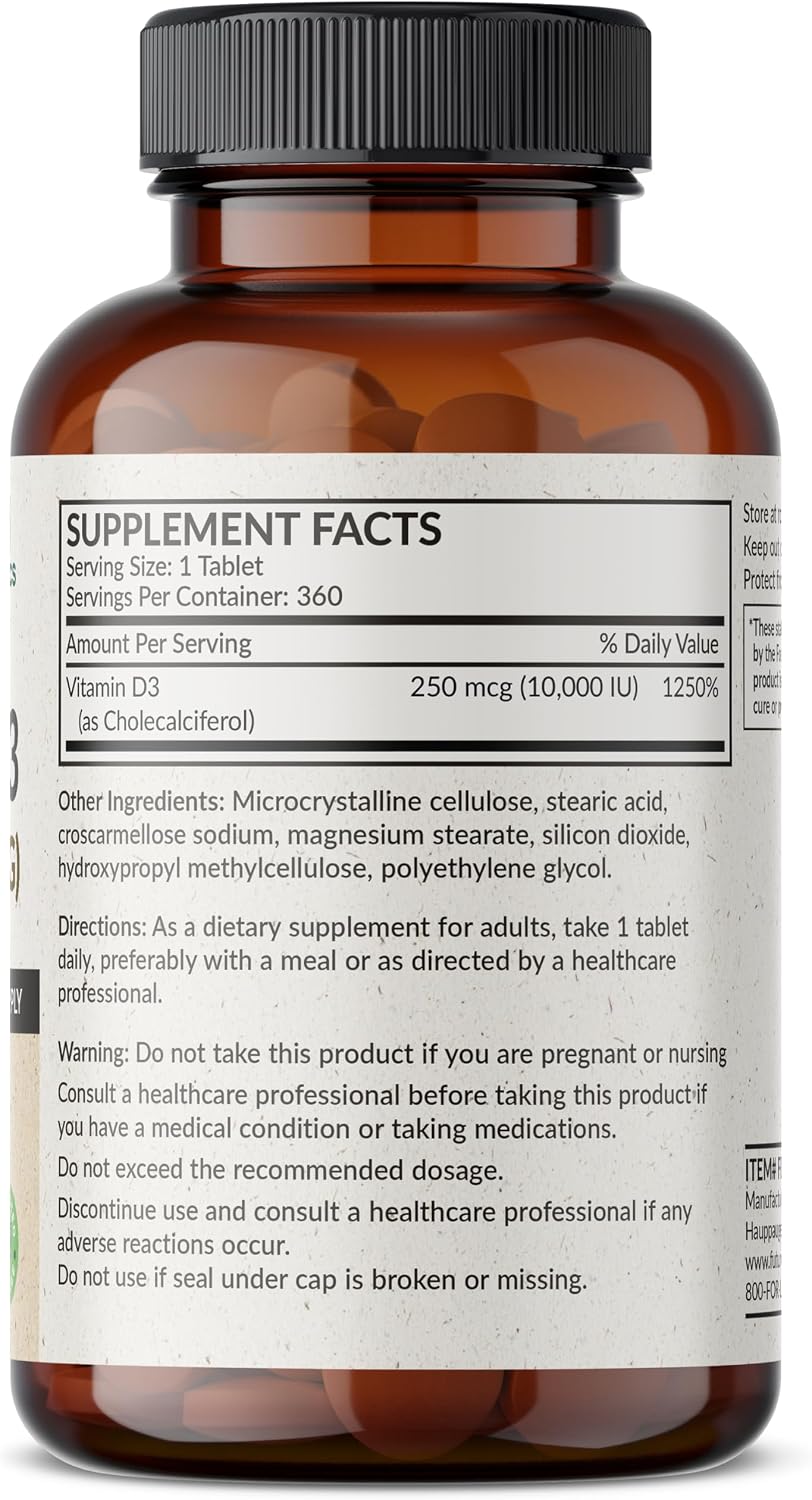 Futurebiotics Vitamina D3 10.000 IU (250 mcg) – 360 Comprimidos para Músculos y Sistema Inmunitario
