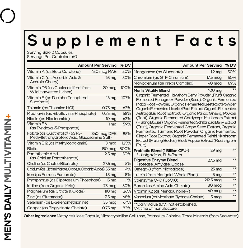 Codeage Multivitamínico Diario para Hombres – 25+ Vitaminas y Minerales, Alimentos Integrales Orgánicos, Probióticos, Omega-3, Zinc, Vitaminas A, B, C, D, E y K (2 Envases)