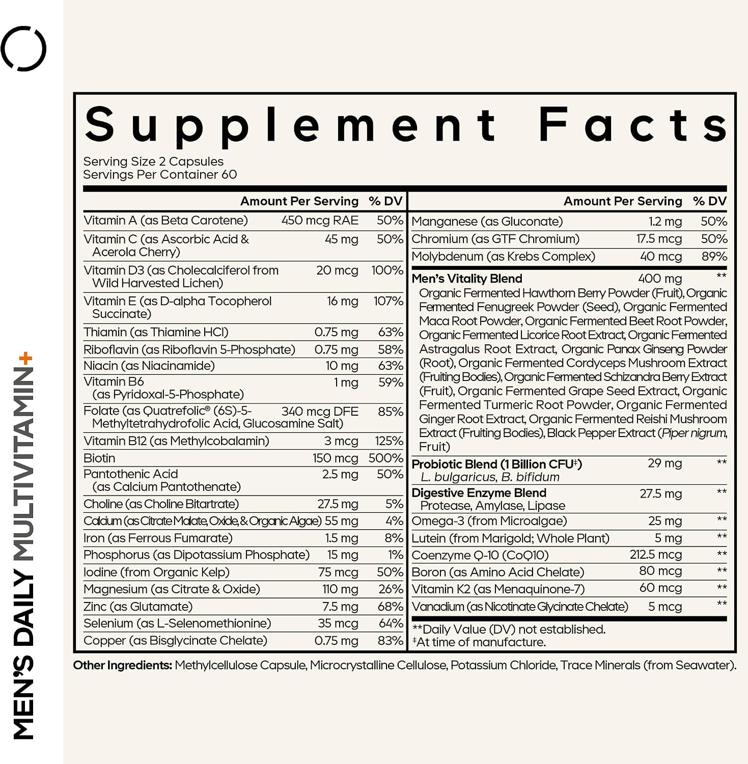 Codeage Multivitamínico Diario para Hombres – 25+ Vitaminas y Minerales, Alimentos Integrales Orgánicos, Probióticos, Omega-3, Zinc, Vitaminas A, B, C, D, E y K (2 Envases)