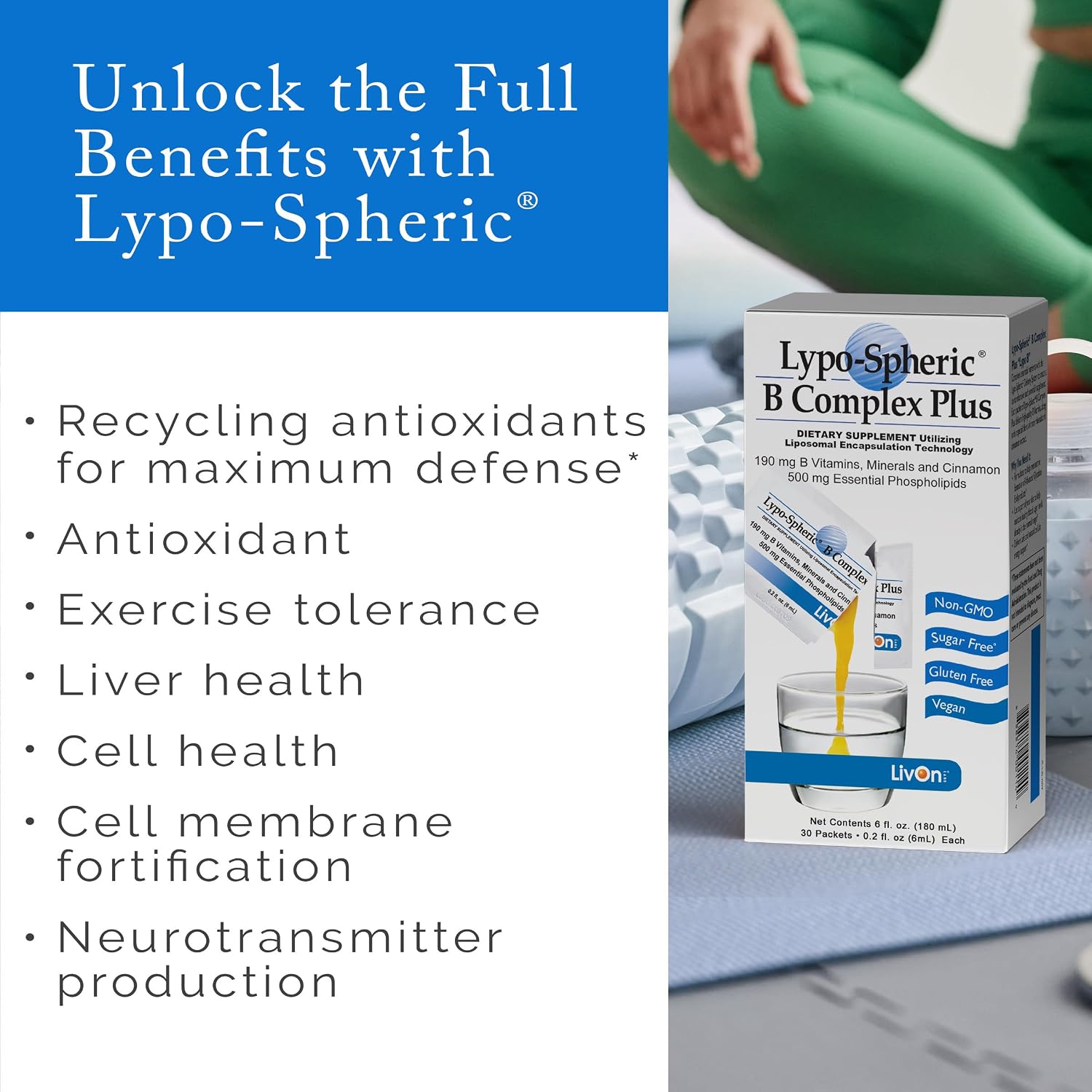 LivOn Laboratories Lypo-Spheric B Complex Plus – 30 Sobres – 195 mg de Vitaminas B, Minerales y Canela por Sobre – Encapsulación Liposomal para Mayor Absorción – 100% No Transgénico