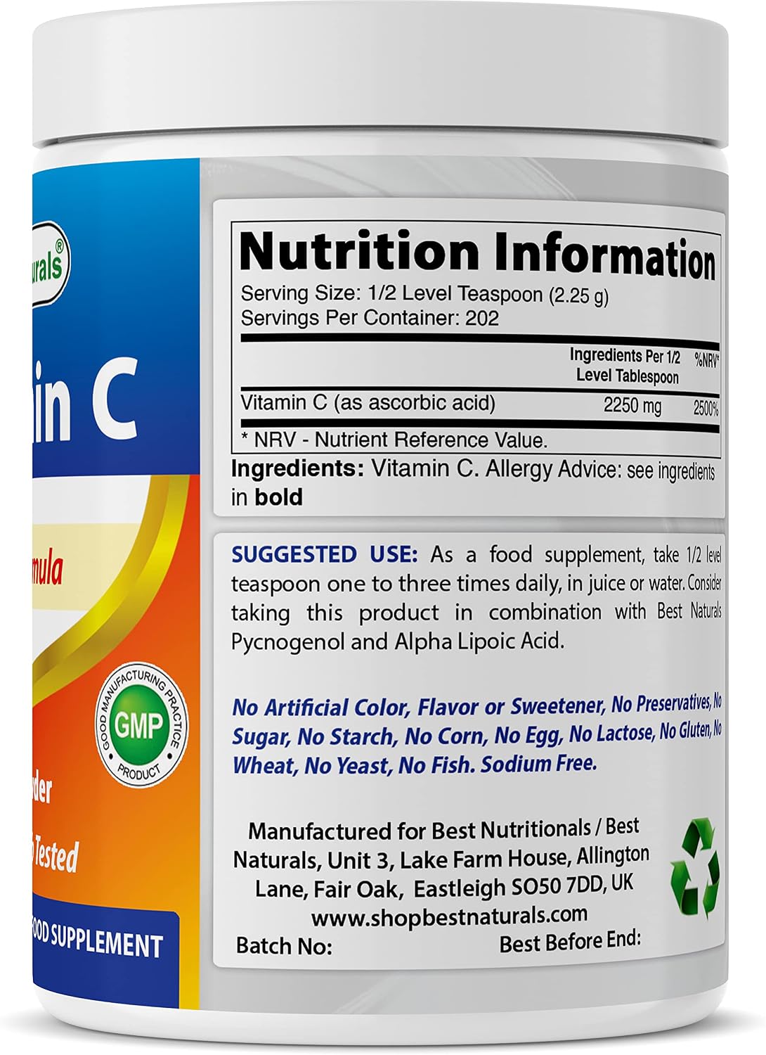 Best Naturals 100% Pure Vitamin C Powder Non-GMO 1 lb (454 g) - Ácido Ascórbico (Paquete de 2)