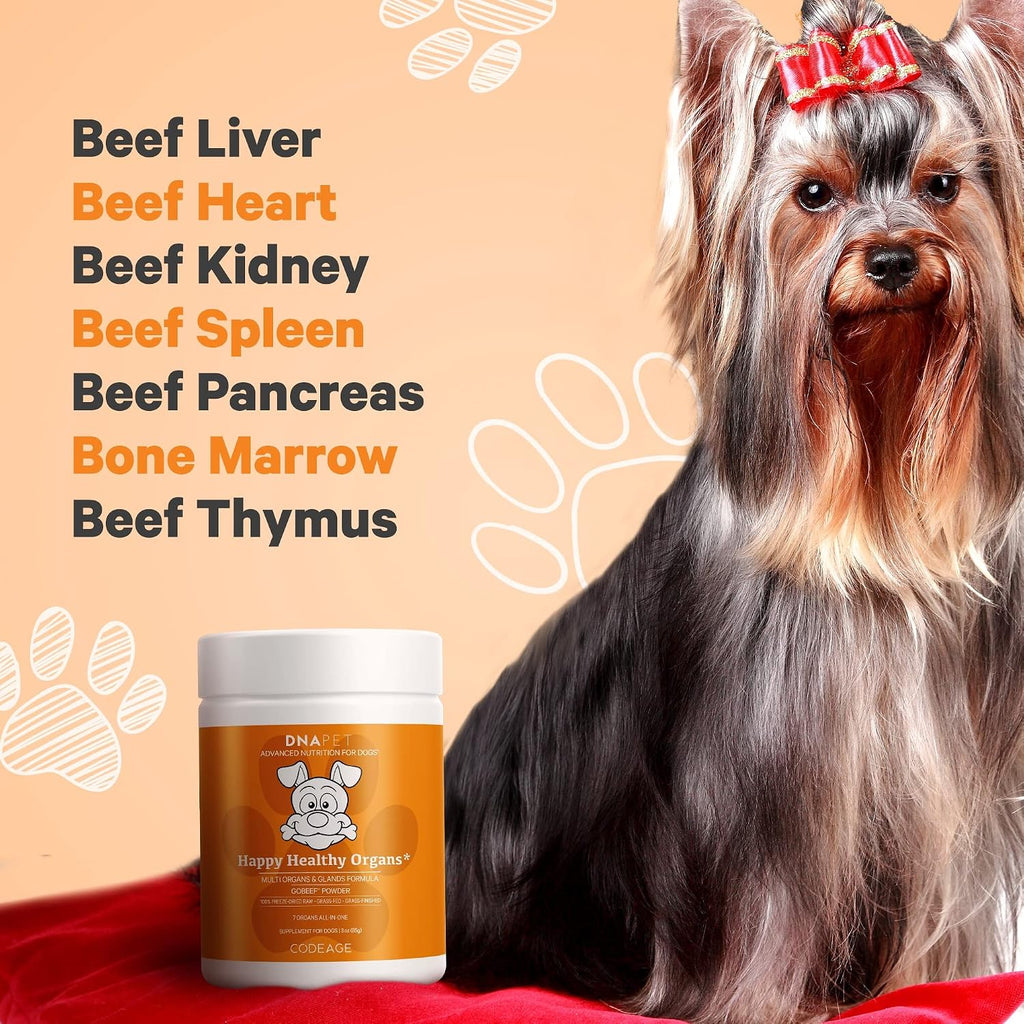 DNA PET Happy Healthy Órganos y Glándulas para Perros, Suplemento Multiorgánico de Hígado, Corazón, Riñón, Bazo, Páncreas, Médula Ósea y Timo Bovino, 85 g