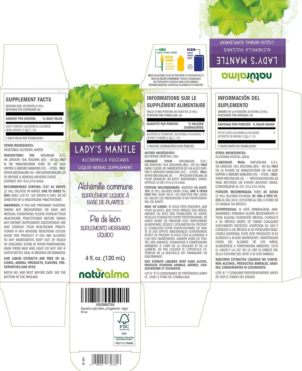 Naturalma Tintura de Manto de Dama (Alchemilla vulgaris) - Extracto Líquido sin Alcohol - 118 ml