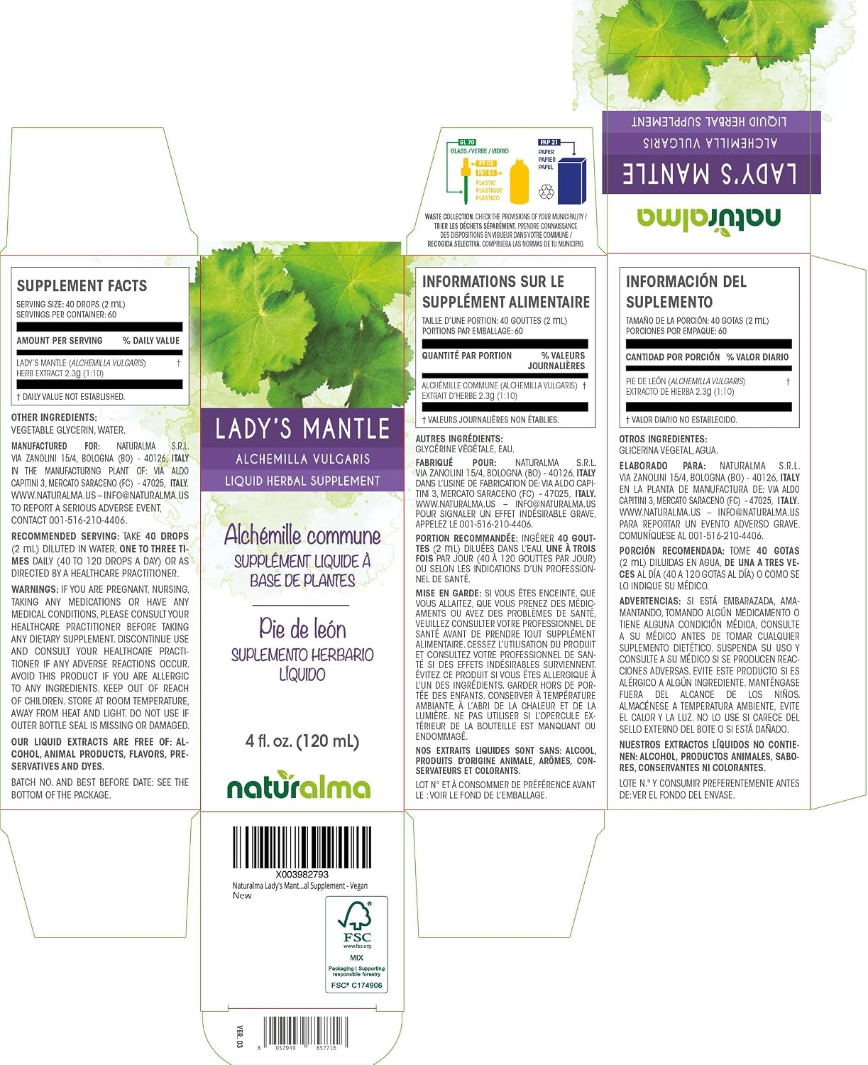 Naturalma Tintura de Manto de Dama (Alchemilla vulgaris) - Extracto Líquido sin Alcohol - 118 ml