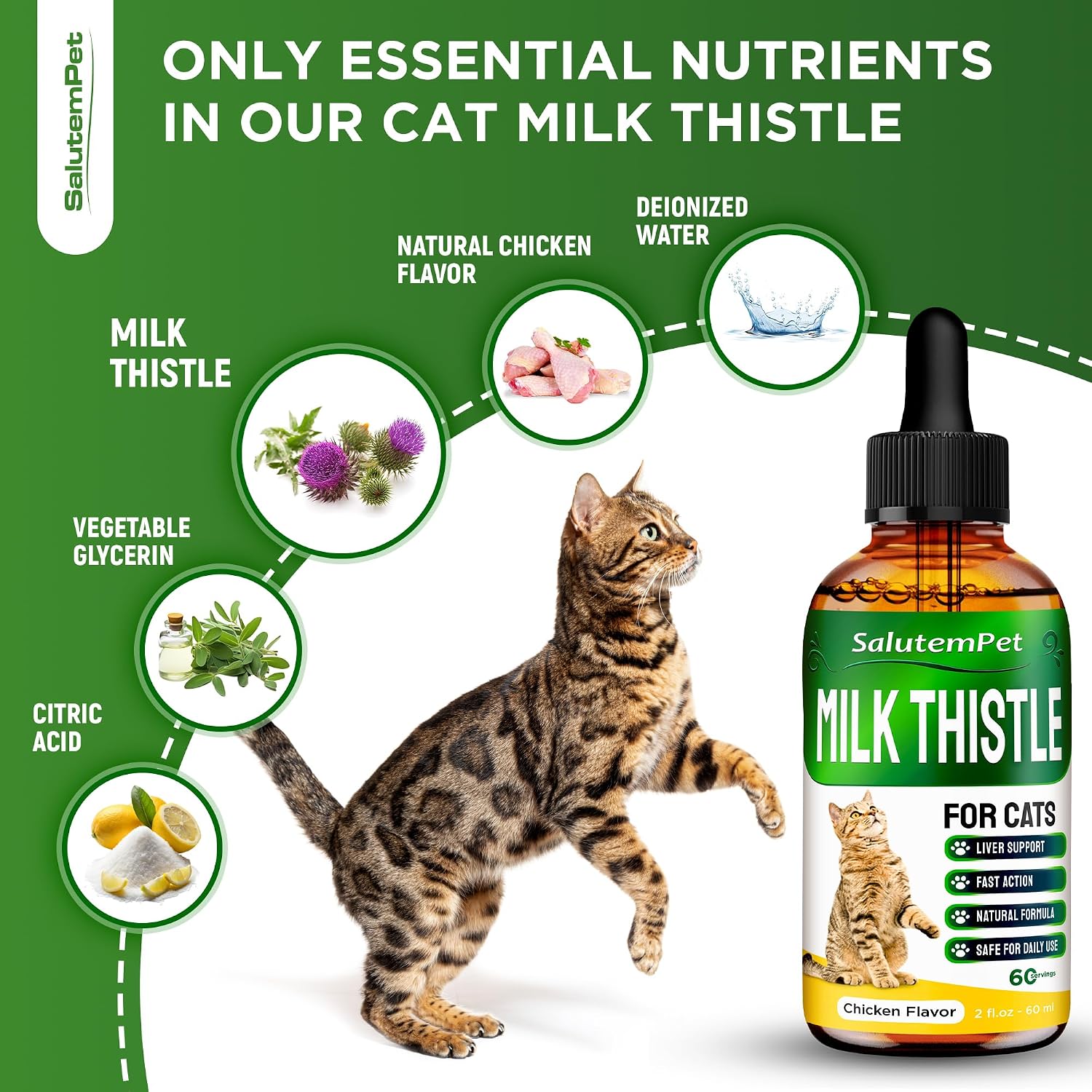 SalutemPet Cat Kidney Support - Cardo Mariano para Gatos - Suplemento Herbal para Riñones e Hígado - Sabor a Pollo - 2 oz