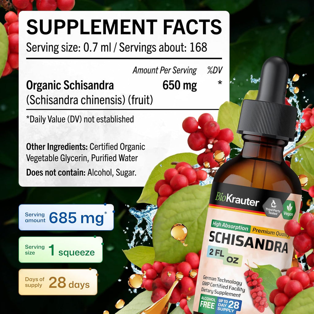 BIO KRAUTER Schisandra para la calma y la relajación - Complemento alimenticio vegano - Extracto líquido de baya de Schisandra 60 ml - 650 mg por ración, 28 días