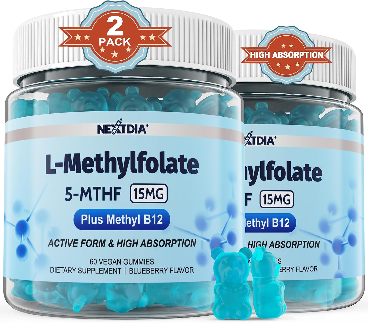Gominolas de L-Metilfolato 15 mg y Metil B12 - Complejo B Metilado, 120 unidades
