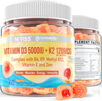NEVISS Gummies Vitamina D3 5000IU + K2 MK-7 120mcg - Sin Azúcar, Vegano, con Complejo B y Zinc