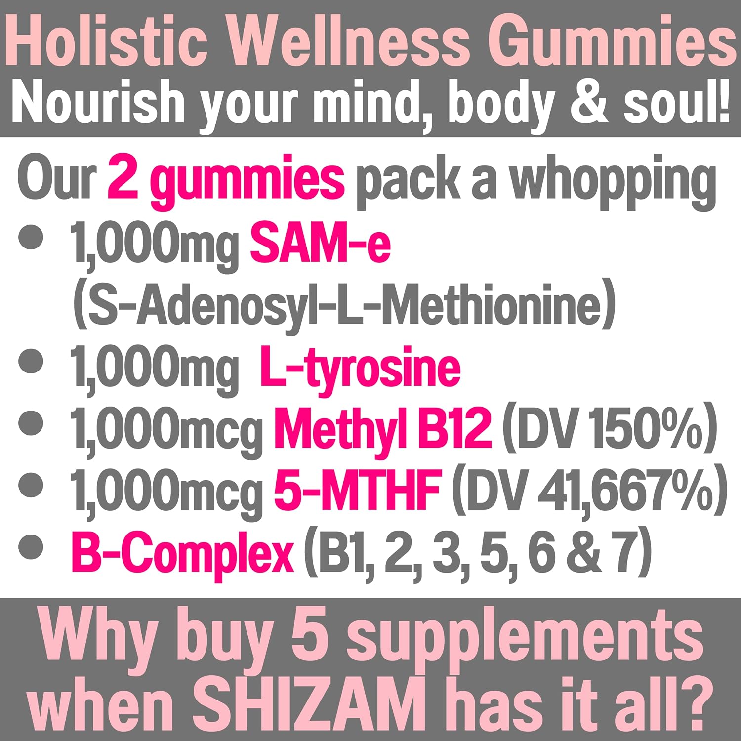 SHIZAM SAM-e & L-Tyrosine Gummies con Complejo B Metilado